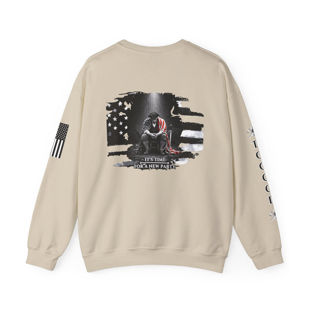 Dogood 1722 Crewneck Sweatshirt — Patriotic American Flag Design, “It’s Time For A New Party” Back Graphic