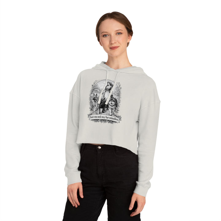 Vintage Dog Mom Cropped Hoodie — "Just Me and My Fur Missiles" Graphic