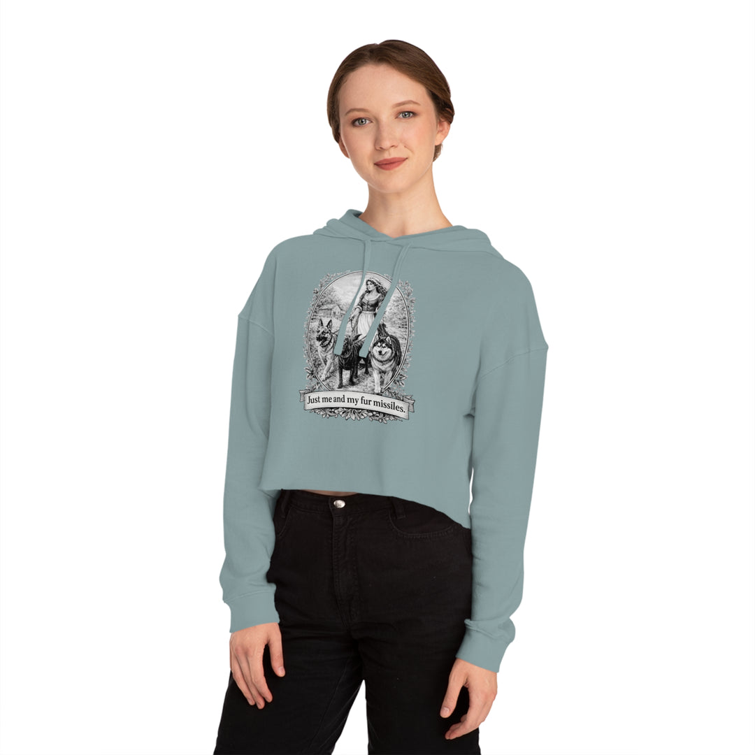 Vintage Dog Mom Cropped Hoodie — "Just Me and My Fur Missiles" Graphic
