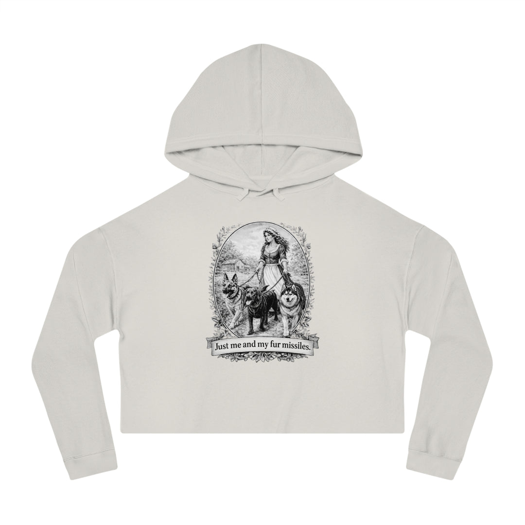 Vintage Dog Mom Cropped Hoodie — "Just Me and My Fur Missiles" Graphic