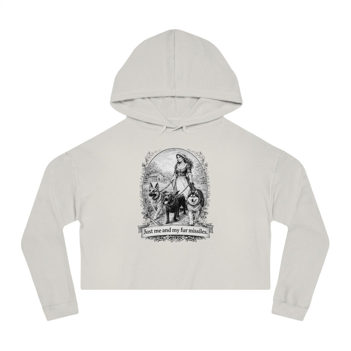 Vintage Dog Mom Cropped Hoodie — "Just Me and My Fur Missiles" Graphic