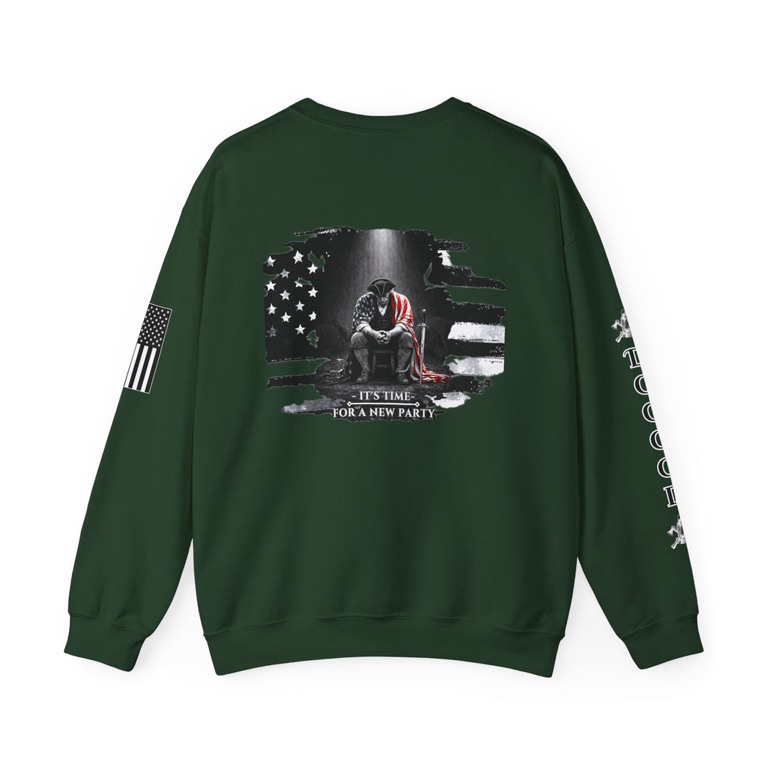 Dogood 1722 Crewneck Sweatshirt — Patriotic American Flag Design, “It’s Time For A New Party” Back Graphic
