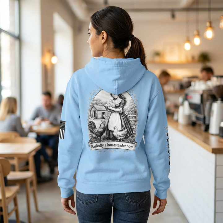 Homesteader Hoodie — "Basically a Homesteader Now" Vintage Farm Illustration Hooded Sweatshirt
