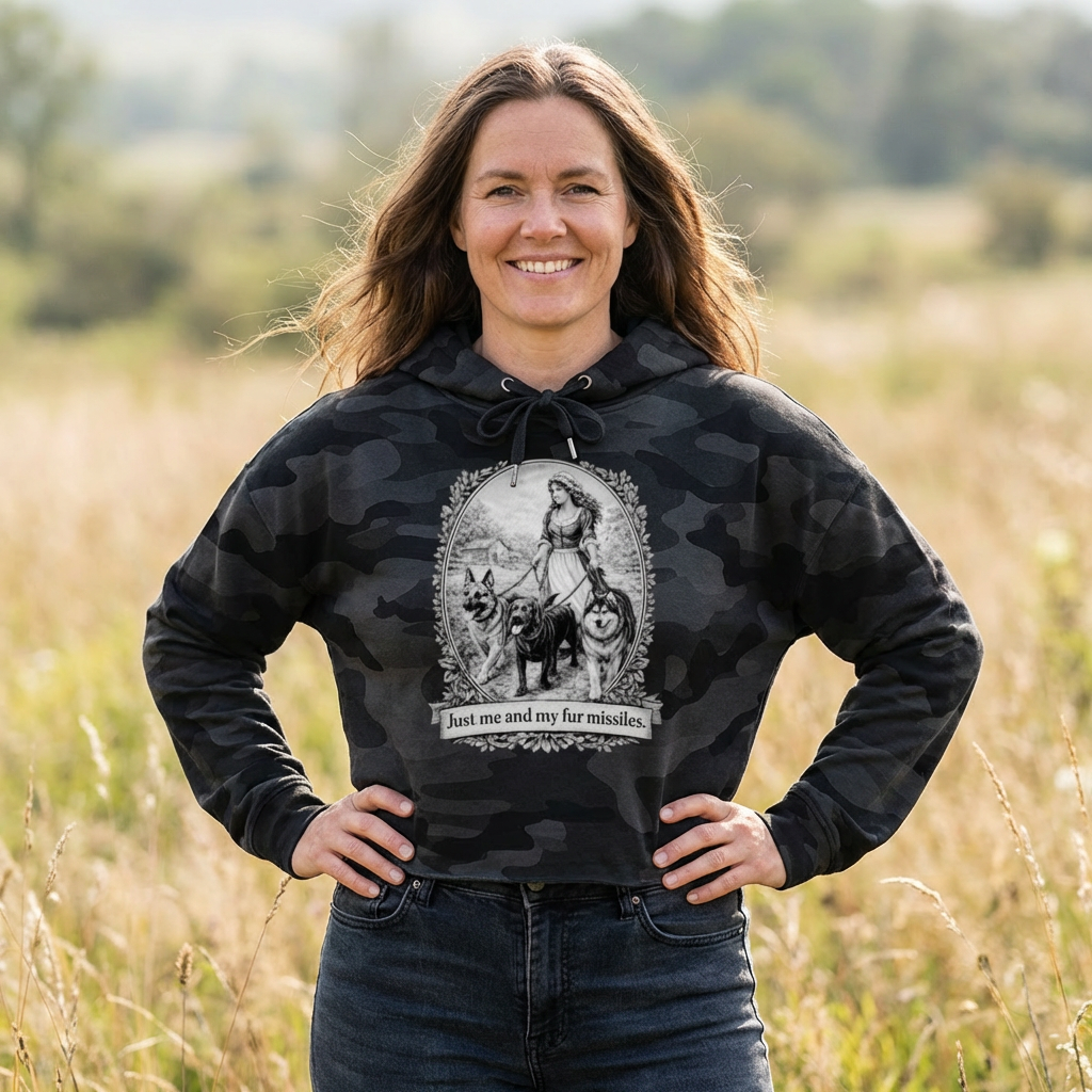 Vintage Dog Mom Cropped Hoodie — "Just Me and My Fur Missiles" Graphic