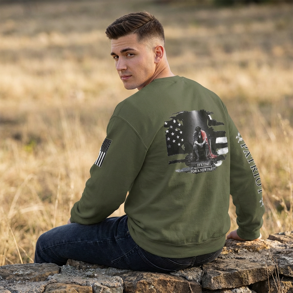 Dogood 1722 Crewneck Sweatshirt — Patriotic American Flag Design, “It’s Time For A New Party” Back Graphic