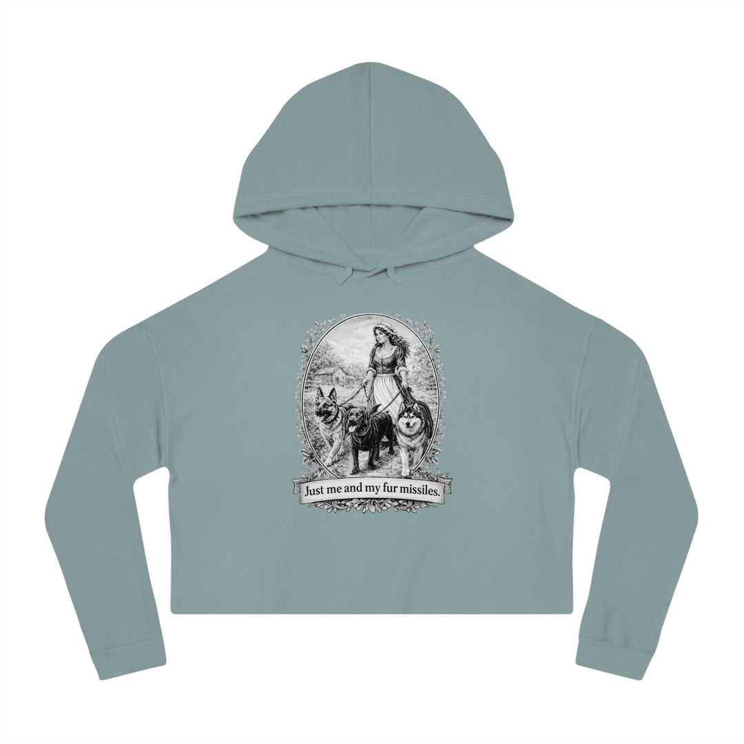 Vintage Dog Mom Cropped Hoodie — "Just Me and My Fur Missiles" Graphic