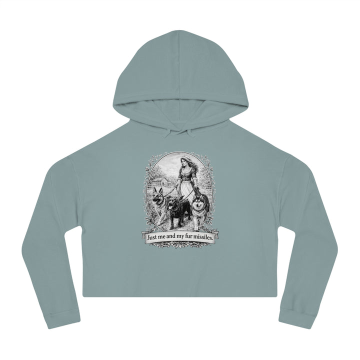 Vintage Dog Mom Cropped Hoodie — "Just Me and My Fur Missiles" Graphic
