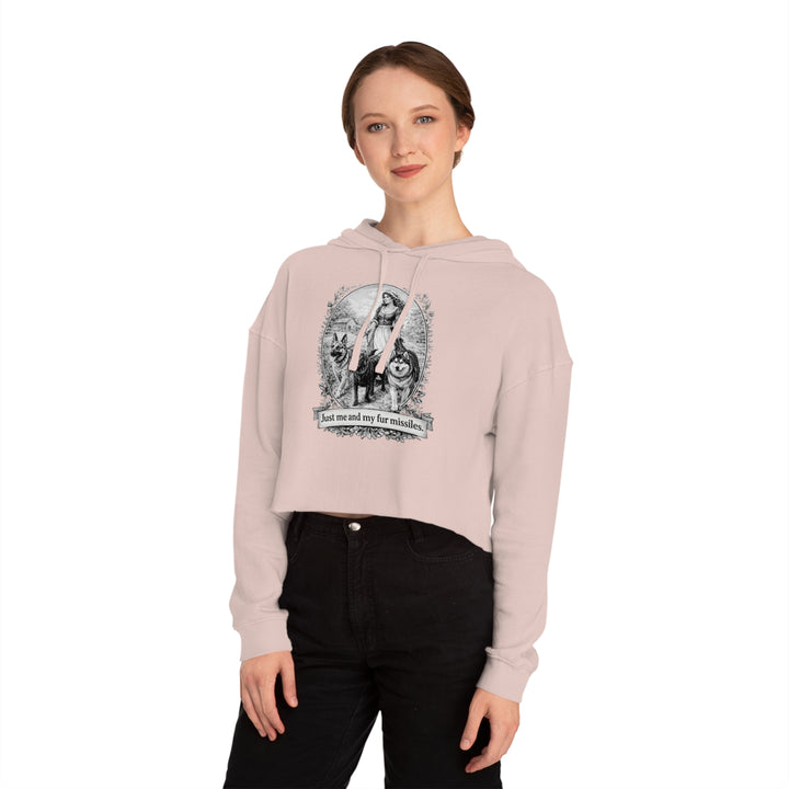Vintage Dog Mom Cropped Hoodie — "Just Me and My Fur Missiles" Graphic