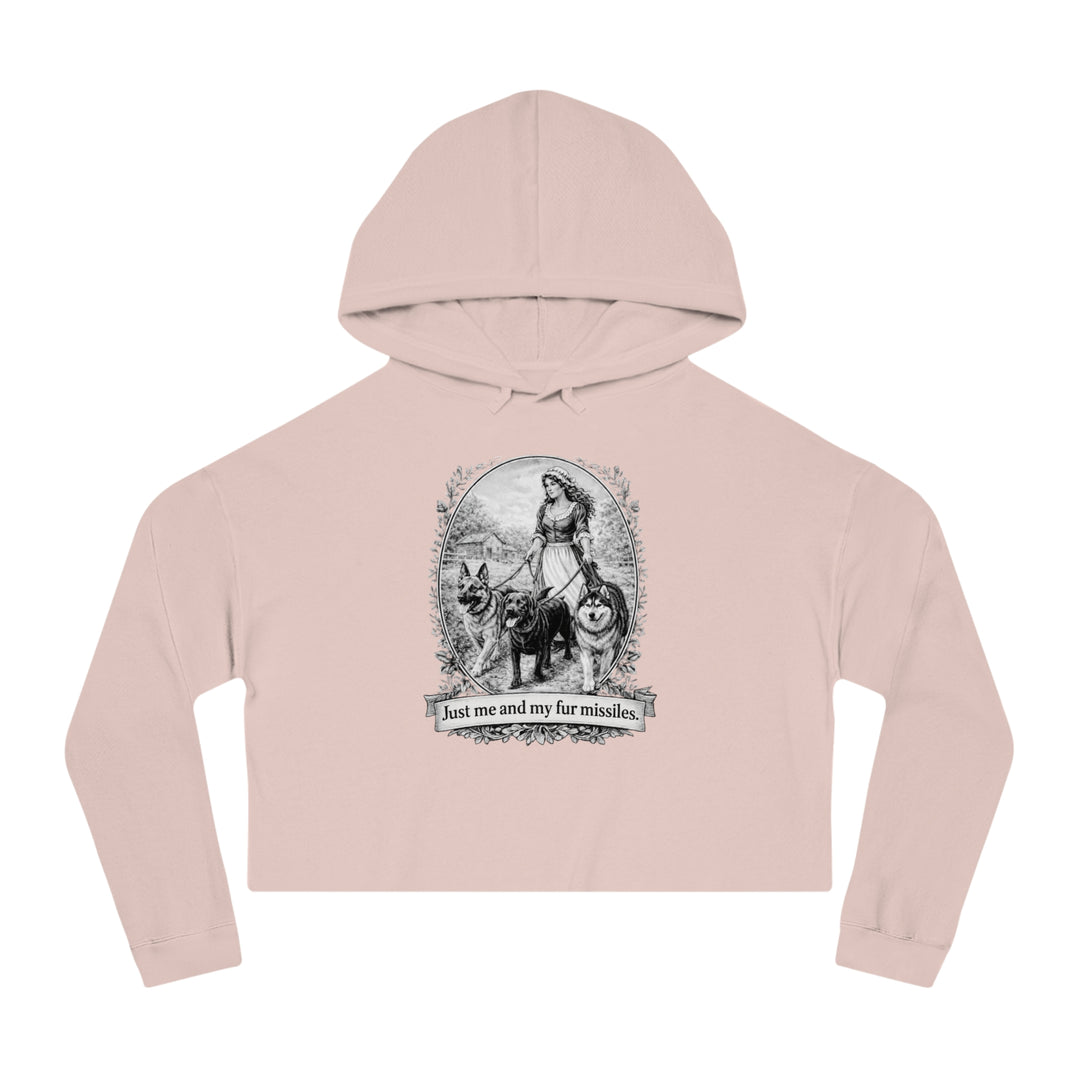 Vintage Dog Mom Cropped Hoodie — "Just Me and My Fur Missiles" Graphic