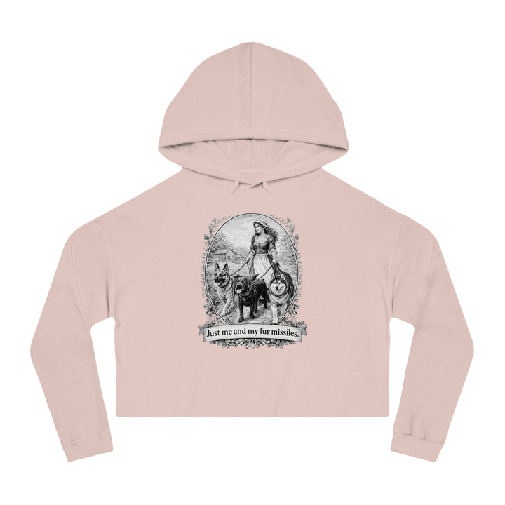 Vintage Dog Mom Cropped Hoodie — "Just Me and My Fur Missiles" Graphic
