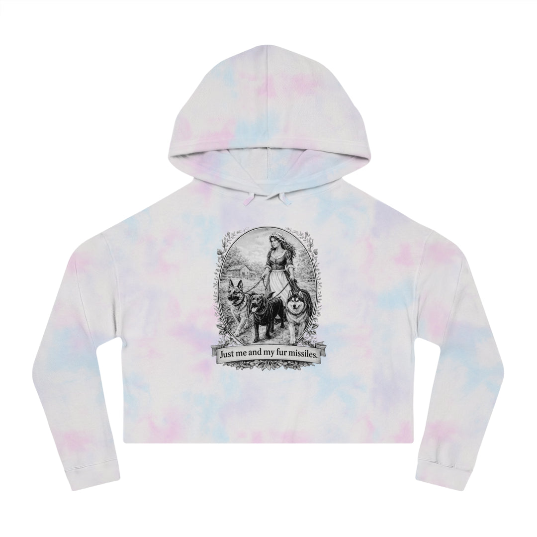 Vintage Dog Mom Cropped Hoodie — "Just Me and My Fur Missiles" Graphic