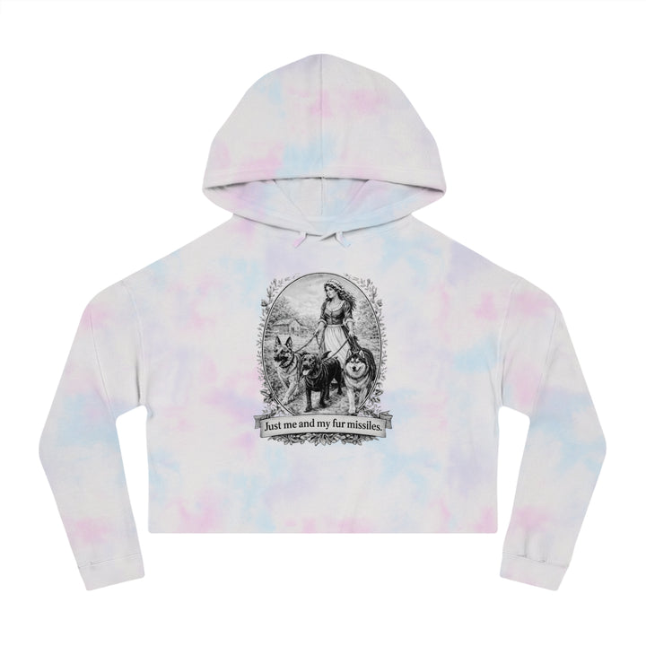 Vintage Dog Mom Cropped Hoodie — "Just Me and My Fur Missiles" Graphic