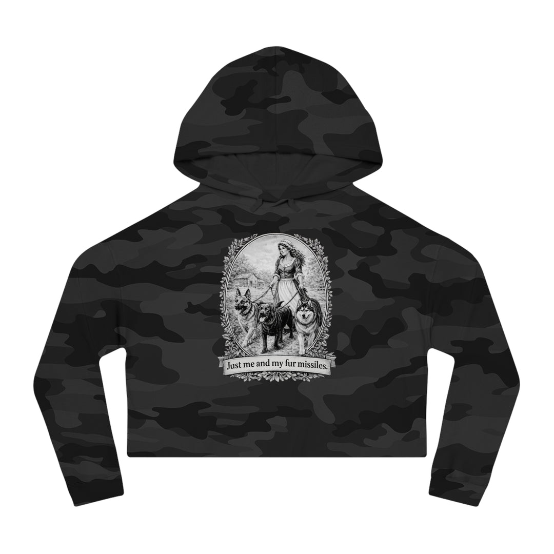 Vintage Dog Mom Cropped Hoodie — "Just Me and My Fur Missiles" Graphic