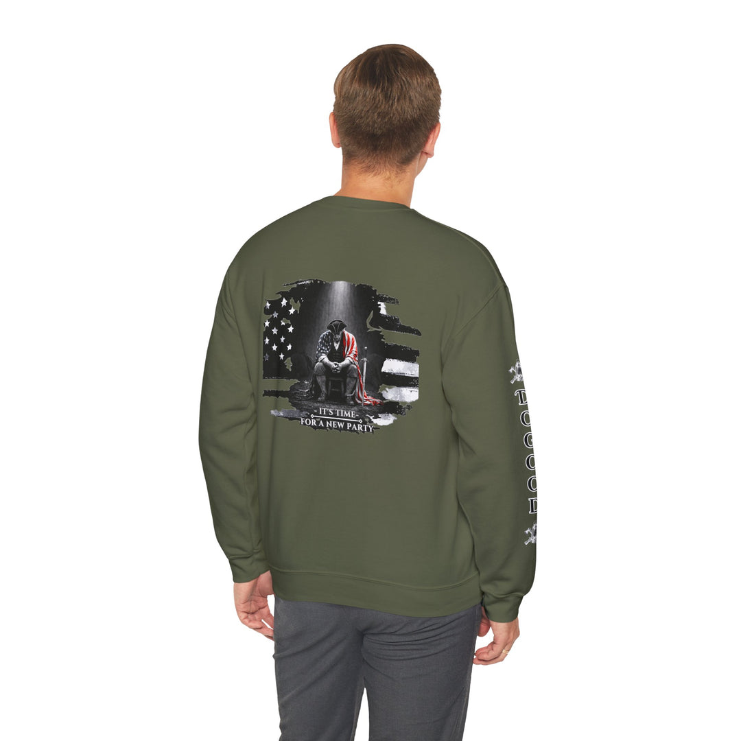Dogood 1722 Crewneck Sweatshirt — Patriotic American Flag Design, “It’s Time For A New Party” Back Graphic