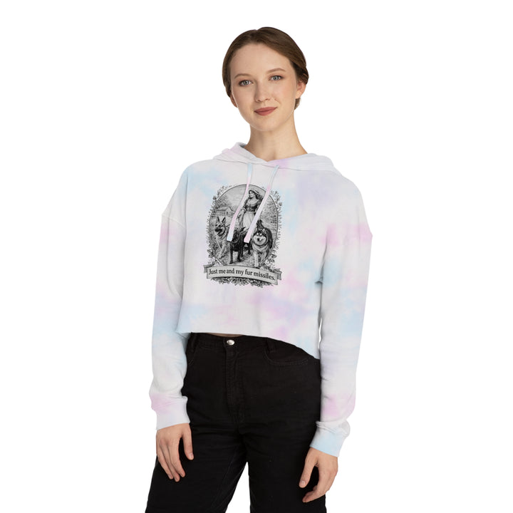 Vintage Dog Mom Cropped Hoodie — "Just Me and My Fur Missiles" Graphic