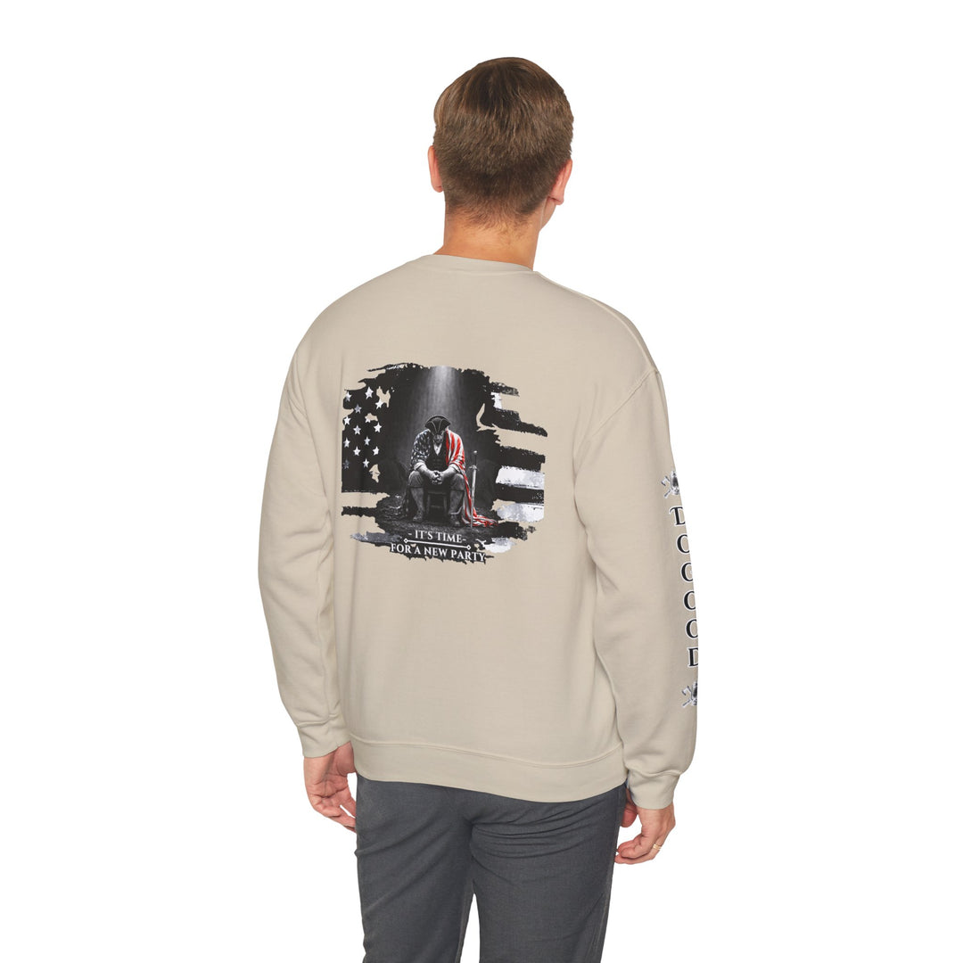 Dogood 1722 Crewneck Sweatshirt — Patriotic American Flag Design, “It’s Time For A New Party” Back Graphic
