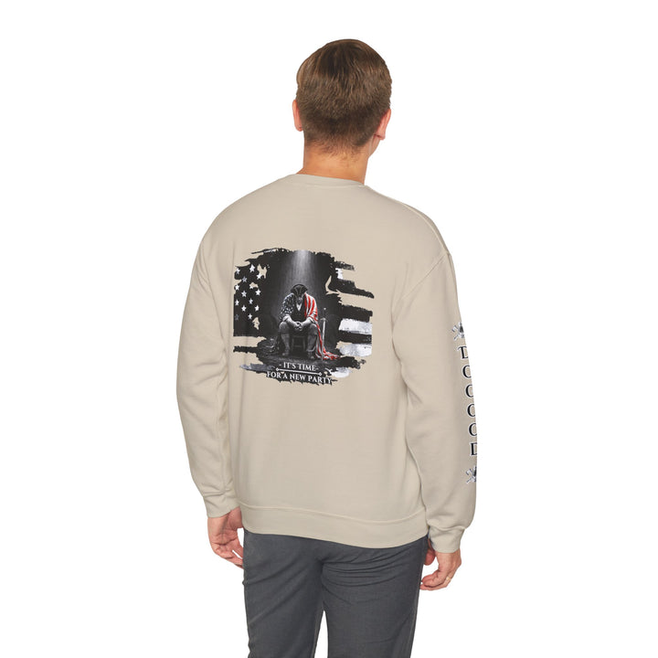 Dogood 1722 Crewneck Sweatshirt — Patriotic American Flag Design, “It’s Time For A New Party” Back Graphic