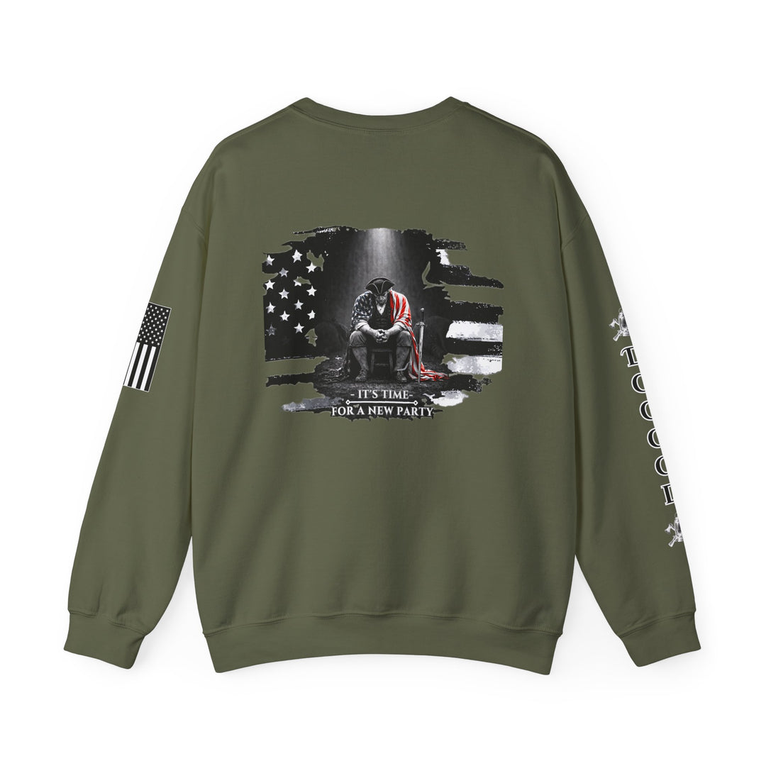 Dogood 1722 Crewneck Sweatshirt — Patriotic American Flag Design, “It’s Time For A New Party” Back Graphic