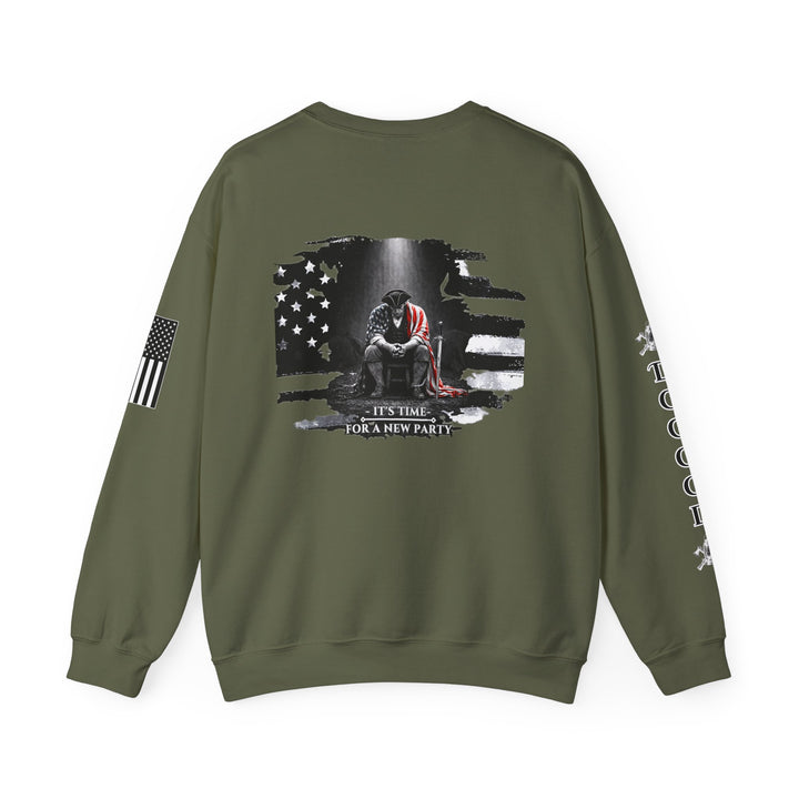 Dogood 1722 Crewneck Sweatshirt — Patriotic American Flag Design, “It’s Time For A New Party” Back Graphic