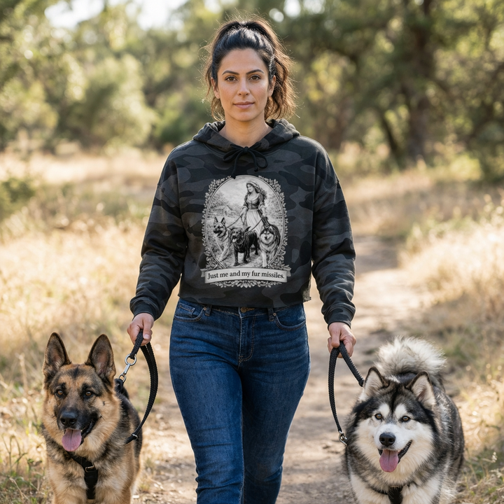 Vintage Dog Mom Cropped Hoodie — "Just Me and My Fur Missiles" Graphic